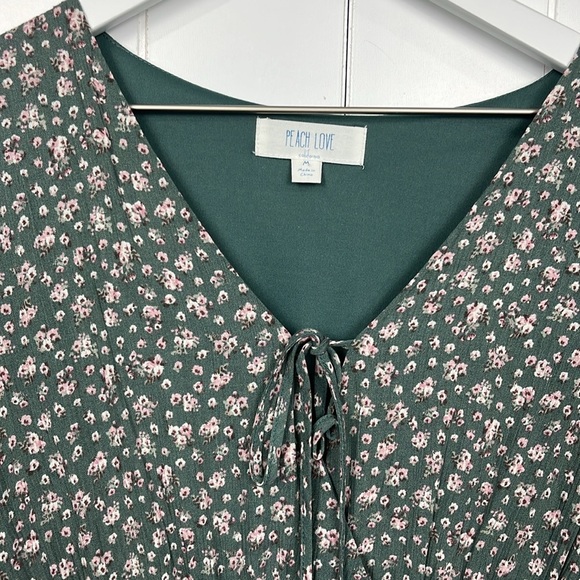 Peach Love Womens Dress M Olive Green Pink Floral Print Smock Waist Pullover EUC - Picture 3 of 15